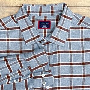 UNTUCKit Mens‎ Large Flannel Button Up Long Sleeve Gray Brown Big Plaid